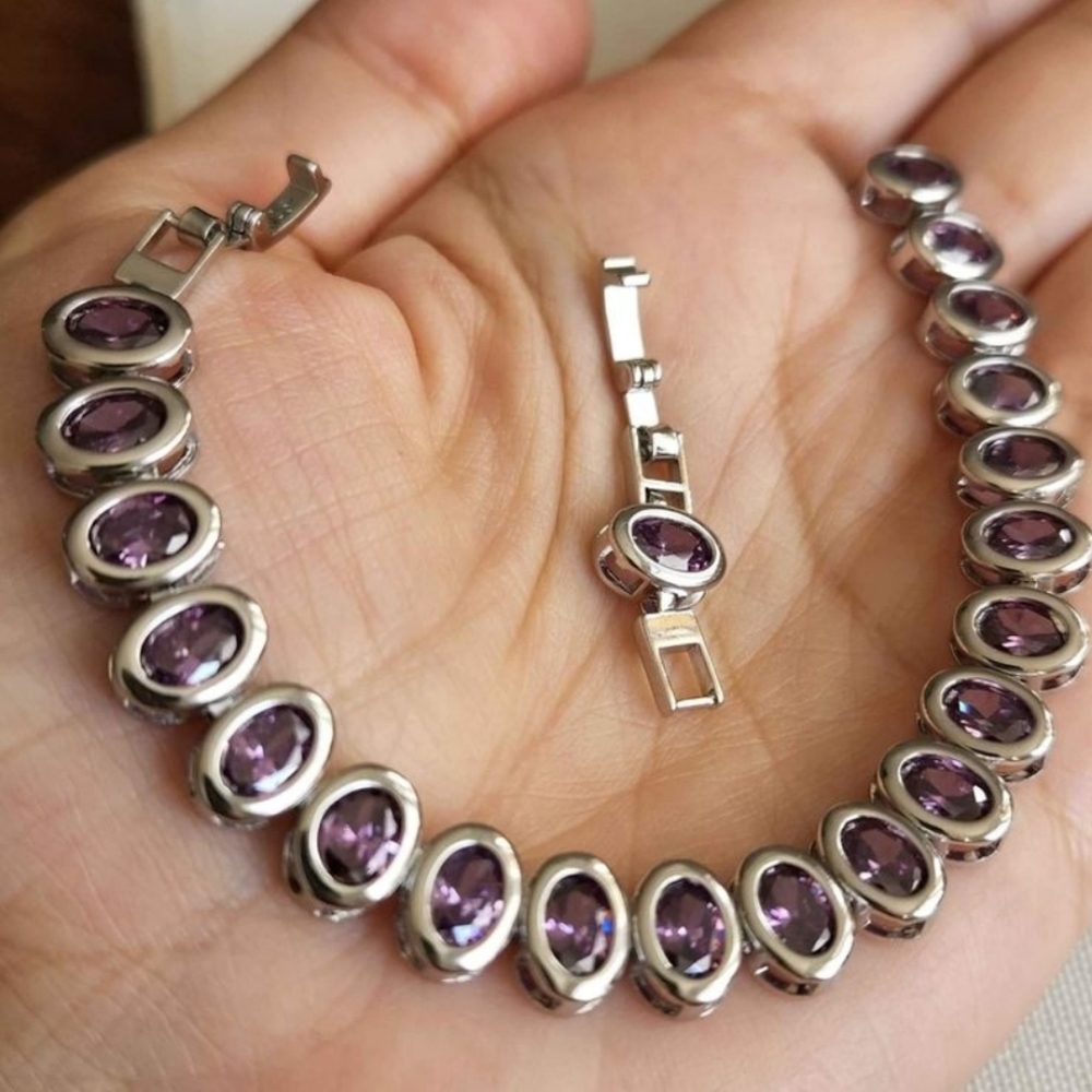 New 925 Silver Oval Cut Amethyst Bezel Setting Bracelet for Women
